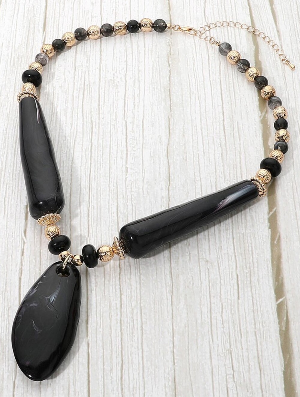 Black Teardrop Resin Stone Beaded Pendant Necklace Bold Chunky Jewelry Gold